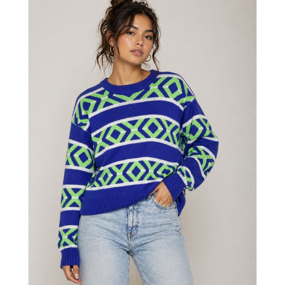 Vintage Mountain Woolens Geometric Sweater 80s 90s Blue Green USA
